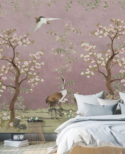 mural de chinoiserie personalizável rosa chamado Pink Lingering Garden Chinoiserie da Bloomery Decor