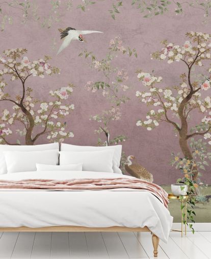 roze aanpasbare chinoiserie-muurschildering genaamd Pink Lingering Garden Chinoiserie van Bloomery Decor