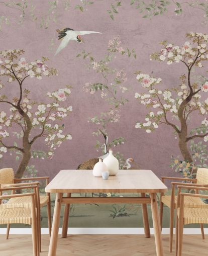 lyserød tilpasselig chinoiserie vægmaleri kaldet Pink Lingering Garden Chinoiserie af Bloomery Decor