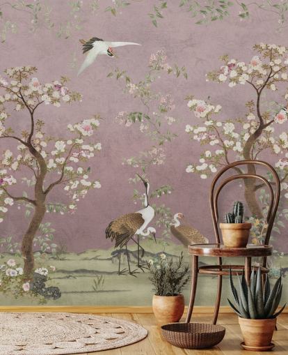 mural de chinoiserie rosa personalizable llamado Pink Lingering Garden Chinoiserie de Bloomery Decor