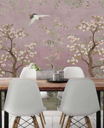 peinture murale de chinoiserie personnalisable rose appelée Pink Lingering Garden Chinoiserie par Bloomery Decor peinture murale de chinoiserie personnalisable rose appelée Pink Lingering Garden Chinoiserie par Bloomery Decor