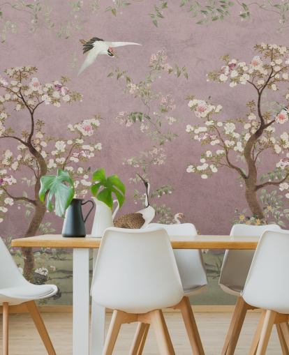 rosa anpassningsbar chinoiserie väggmålning som heter Pink Lingering Garden Chinoiserie av Bloomery Decor