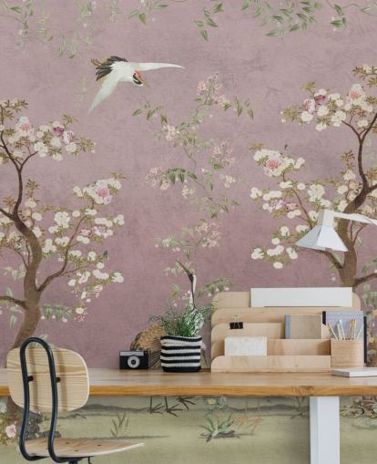 pink customisable chinoiserie mural called Pink Lingering Garden Chinoiserie by Bloomery Decor