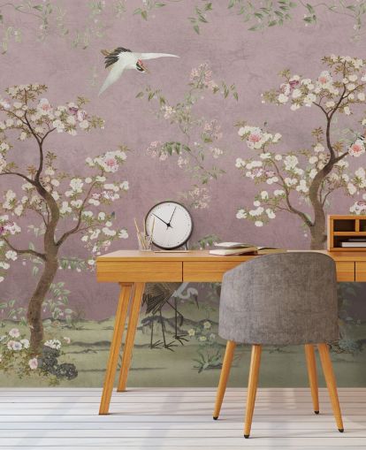 rosa tilpassbart chinoiserie veggmaleri kalt Pink Lingering Garden Chinoiserie av Bloomery Decor