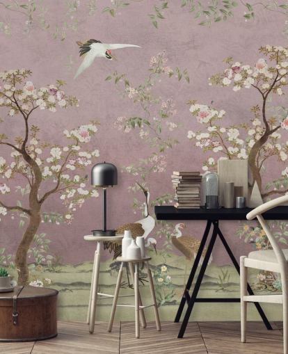 mural de chinoiserie personalizável rosa chamado Pink Lingering Garden Chinoiserie da Bloomery Decor