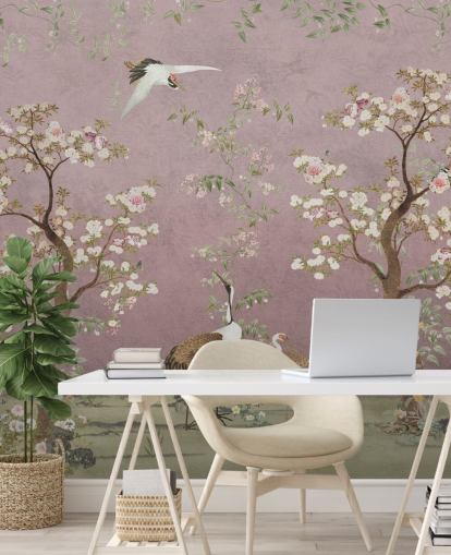 rosa tilpassbart chinoiserie veggmaleri kalt Pink Lingering Garden Chinoiserie av Bloomery Decor