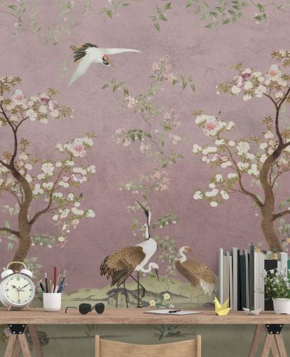 roze aanpasbare chinoiserie-muurschildering genaamd Pink Lingering Garden Chinoiserie van Bloomery Decor