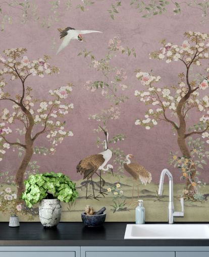 pink customisable chinoiserie mural called Pink Lingering Garden Chinoiserie by Bloomery Decor