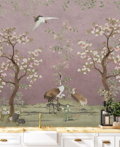 lyserød tilpasselig chinoiserie vægmaleri kaldet Pink Lingering Garden Chinoiserie af Bloomery Decor