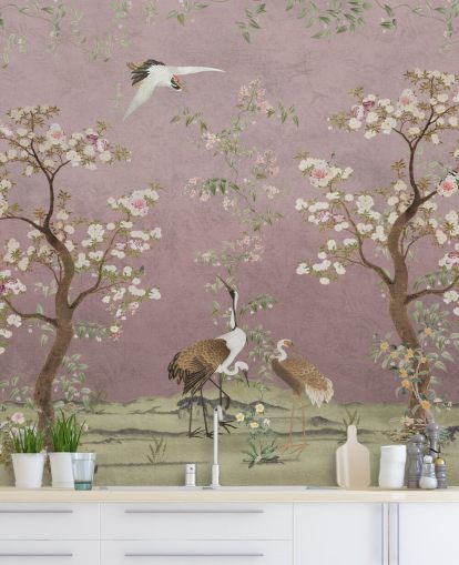 roze aanpasbare chinoiserie-muurschildering genaamd Pink Lingering Garden Chinoiserie van Bloomery Decor roze aanpasbare chinoiserie-muurschildering genaamd Pink Lingering Garden Chinoiserie van Bloomery Decor