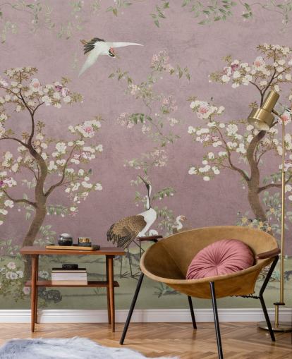 pink customisable chinoiserie mural called Pink Lingering Garden Chinoiserie by Bloomery Decor pink customisable chinoiserie mural called Pink Lingering Garden Chinoiserie by Bloomery Decor