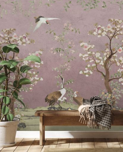 pink customisable chinoiserie mural called Pink Lingering Garden Chinoiserie by Bloomery Decor pink customisable chinoiserie mural called Pink Lingering Garden Chinoiserie by Bloomery Decor