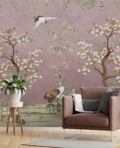 pinkes personalisierbares Chinoiserie-Wandbild namens Pink Lingering Garden Chinoiserie von Bloomery Decor