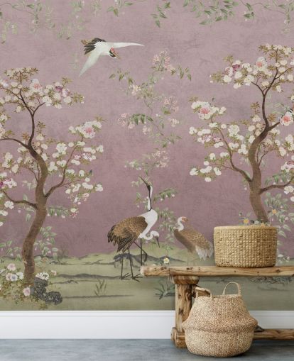 vaaleanpunainen räätälöitävä chinoiserie-seinämaalaus nimeltä Pink Lingering Garden Chinoiserie by Bloomery Decor vaaleanpunainen räätälöitävä chinoiserie-seinämaalaus nimeltä Pink Lingering Garden Chinoiserie by Bloomery Decor