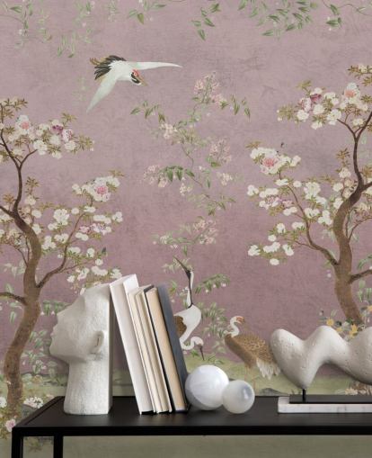 peinture murale de chinoiserie personnalisable rose appelée Pink Lingering Garden Chinoiserie par Bloomery Decor