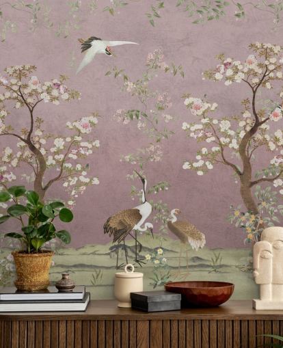 rosa anpassningsbar chinoiserie väggmålning som heter Pink Lingering Garden Chinoiserie av Bloomery Decor rosa anpassningsbar chinoiserie väggmålning som heter Pink Lingering Garden Chinoiserie av Bloomery Decor