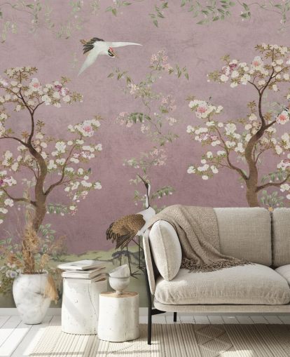 rosa anpassningsbar chinoiserie väggmålning som heter Pink Lingering Garden Chinoiserie av Bloomery Decor