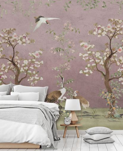 mural de chinoiserie rosa personalizable llamado Pink Lingering Garden Chinoiserie de Bloomery Decor