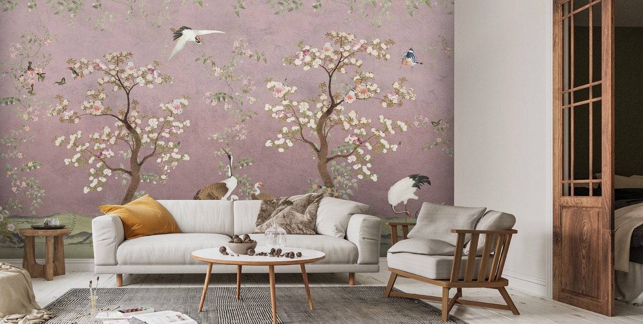 Pink Lingering Garden Chinoiserie Wall Mural | Wallsauce US