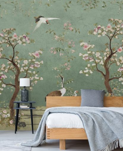groene chinoiserie-muurschildering op maat genaamd Mint Green Lingering Garden Chinoiserie van Bloomery Decor