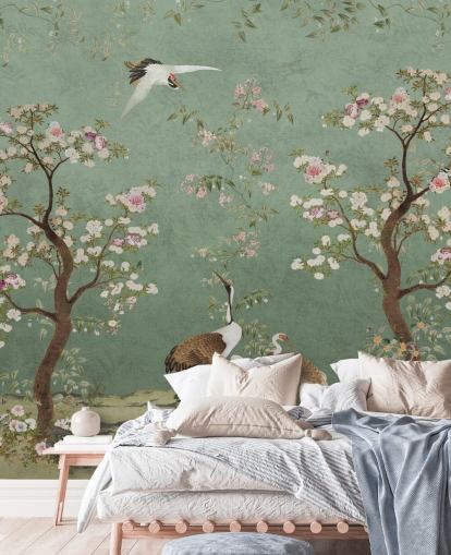 peinture murale de chinoiserie personnalisée verte appelée Mint Green Lingering Garden Chinoiserie par Bloomery Decor