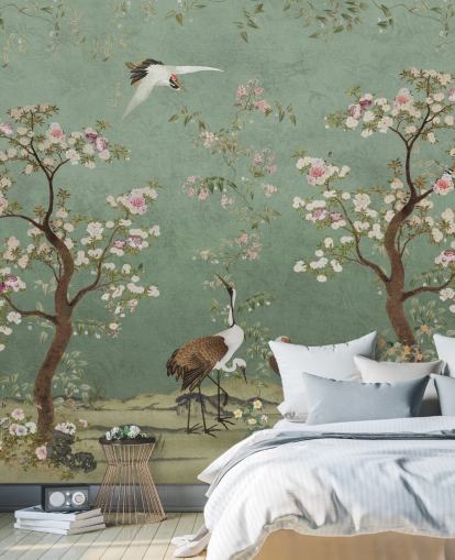 green custom chinoiserie mural called Mint Green Lingering Garden Chinoiserie by Bloomery Decor