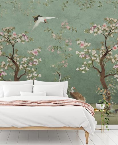 groene chinoiserie-muurschildering op maat genaamd Mint Green Lingering Garden Chinoiserie van Bloomery Decor