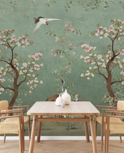 grünes kundenspezifisches Chinoiserie-Wandbild namens Mint Green Lingering Garden Chinoiserie von Bloomery Decor