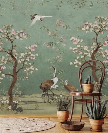 mural de chinoiserie verde personalizado llamado Mint Green Lingering Garden Chinoiserie de Bloomery Decor