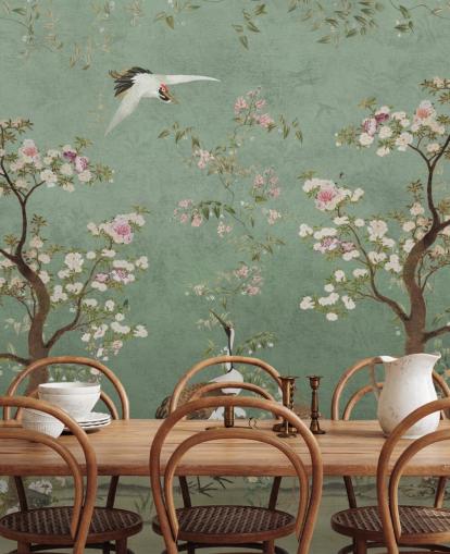 Bloomery Decorin vihreä mukautettu chinoiserie-seinämaalaus nimeltä Mint Green Lingering Garden Chinoiserie