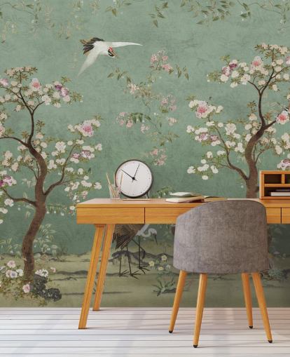 mural de chinoiserie verde personalizado llamado Mint Green Lingering Garden Chinoiserie de Bloomery Decor