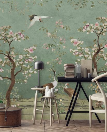 groene chinoiserie-muurschildering op maat genaamd Mint Green Lingering Garden Chinoiserie van Bloomery Decor groene chinoiserie-muurschildering op maat genaamd Mint Green Lingering Garden Chinoiserie van Bloomery Decor