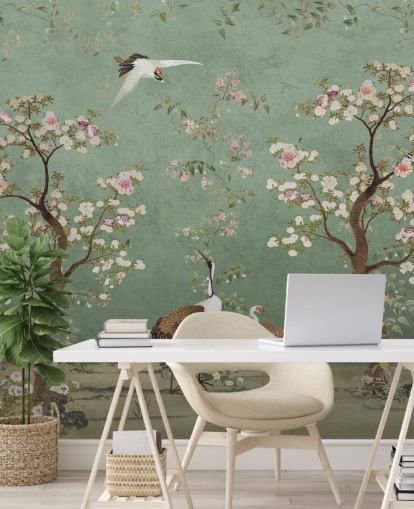 grønt brugerdefineret chinoiserie vægmaleri kaldet Mint Green Lingering Garden Chinoiserie af Bloomery Decor