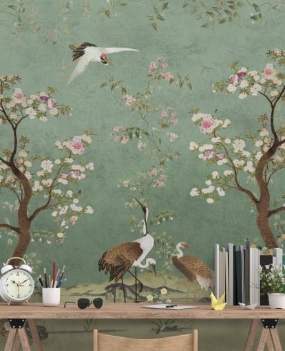 grønt brugerdefineret chinoiserie vægmaleri kaldet Mint Green Lingering Garden Chinoiserie af Bloomery Decor