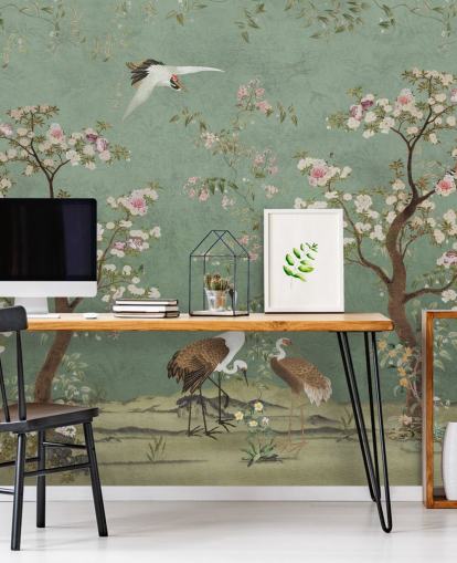 murale in cineserie personalizzato verde chiamato Mint Green Lingering Garden Chinoiserie by Bloomery Decor