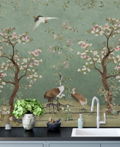 grünes kundenspezifisches Chinoiserie-Wandbild namens Mint Green Lingering Garden Chinoiserie von Bloomery Decor