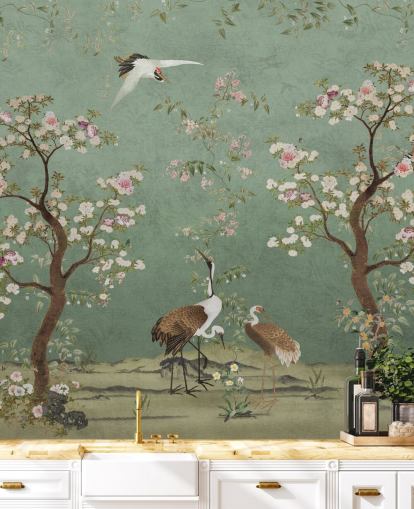 grünes kundenspezifisches Chinoiserie-Wandbild namens Mint Green Lingering Garden Chinoiserie von Bloomery Decor