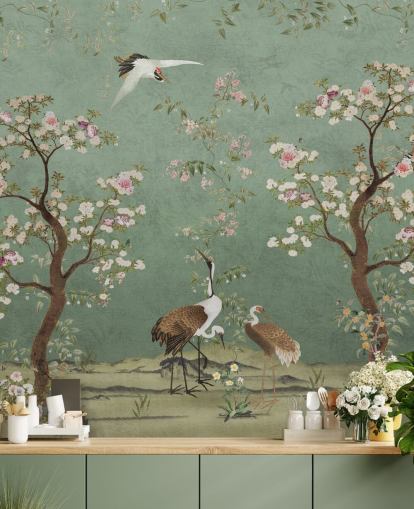 groene chinoiserie-muurschildering op maat genaamd Mint Green Lingering Garden Chinoiserie van Bloomery Decor