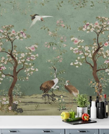 green custom chinoiserie mural called Mint Green Lingering Garden Chinoiserie by Bloomery Decor