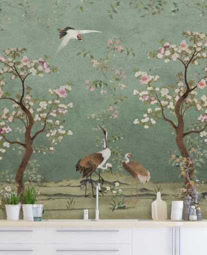 grønt brugerdefineret chinoiserie vægmaleri kaldet Mint Green Lingering Garden Chinoiserie af Bloomery Decor grønt brugerdefineret chinoiserie vægmaleri kaldet Mint Green Lingering Garden Chinoiserie af Bloomery Decor