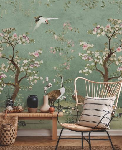 mural de chinoiserie verde personalizado chamado Mint Green Lingering Garden Chinoiserie da Bloomery Decor