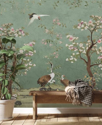 groene chinoiserie-muurschildering op maat genaamd Mint Green Lingering Garden Chinoiserie van Bloomery Decor