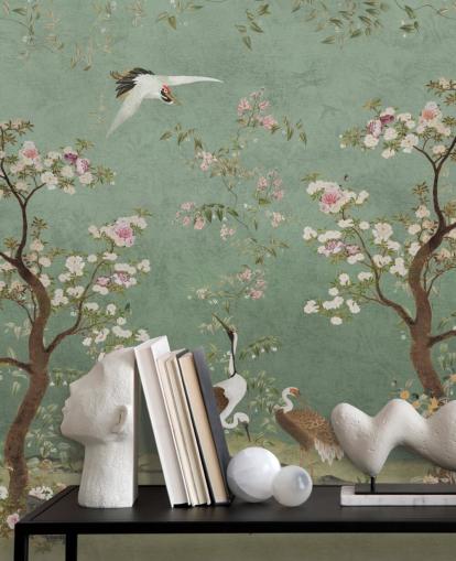 grønt tilpasset chinoiserie veggmaleri kalt Mint Green Lingering Garden Chinoiserie av Bloomery Decor