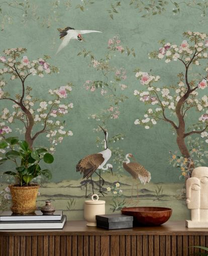 groene chinoiserie-muurschildering op maat genaamd Mint Green Lingering Garden Chinoiserie van Bloomery Decor