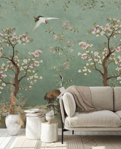 green custom chinoiserie mural called Mint Green Lingering Garden Chinoiserie by Bloomery Decor