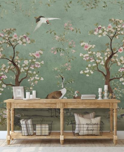 green custom chinoiserie mural called Mint Green Lingering Garden Chinoiserie by Bloomery Decor