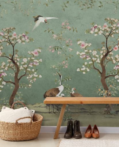 mural de chinoiserie verde personalizado llamado Mint Green Lingering Garden Chinoiserie de Bloomery Decor