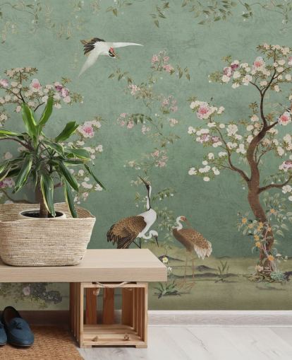grön anpassad chinoiserie väggmålning kallad Mint Green Lingering Garden Chinoiserie av Bloomery Decor