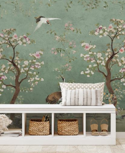 grønt tilpasset chinoiserie veggmaleri kalt Mint Green Lingering Garden Chinoiserie av Bloomery Decor