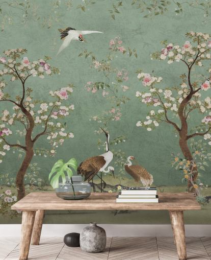groene chinoiserie-muurschildering op maat genaamd Mint Green Lingering Garden Chinoiserie van Bloomery Decor